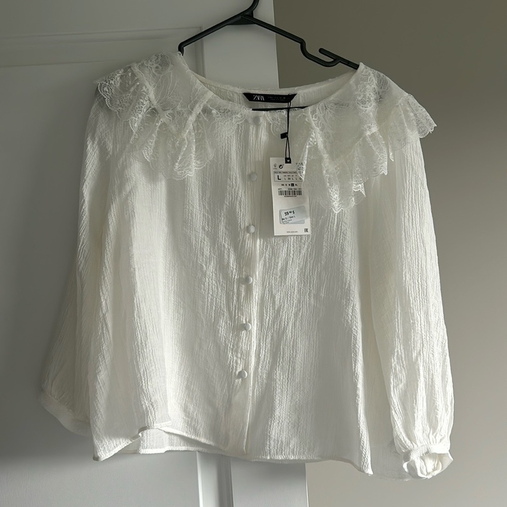 Zara Lace-Collar Button Front Blouse, color soft ivory